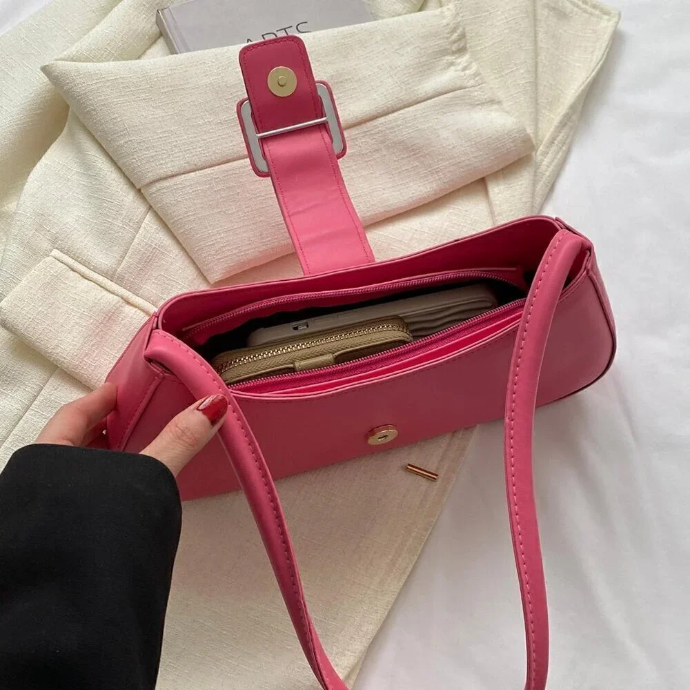 Pink Women's Medium Zipper Bag Minimalist Adjustable Strap Shoulder Bag